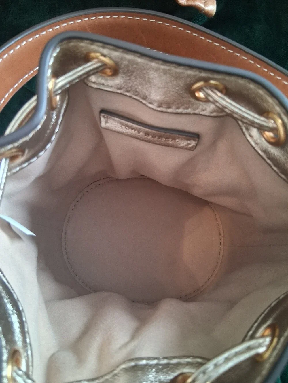 Tory Burch Mini T Monogram Metallic Bucket Bag